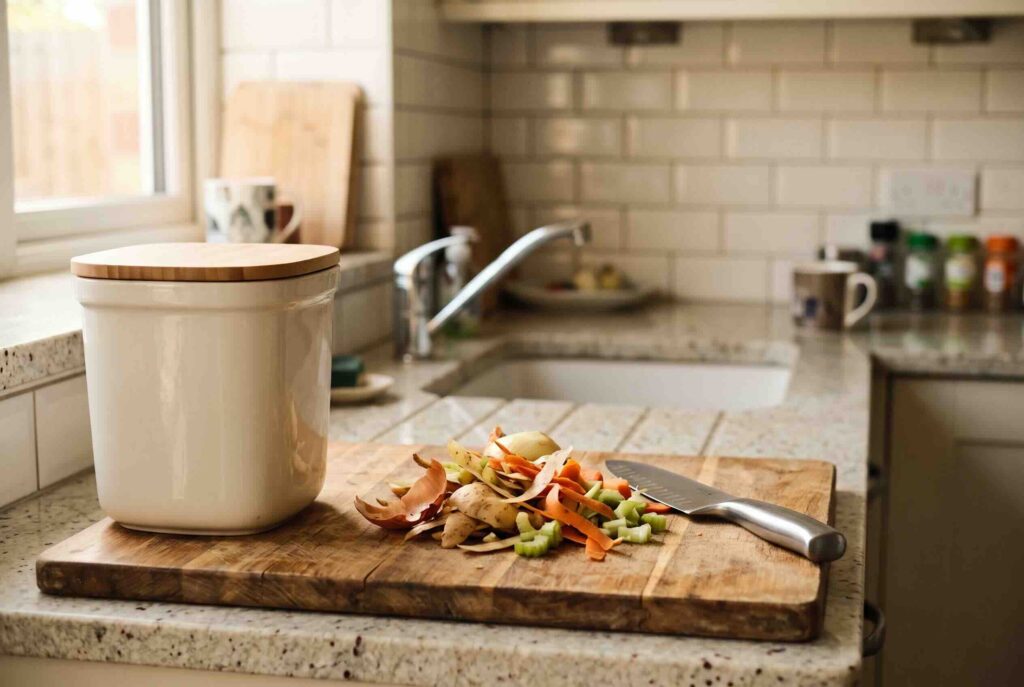 A white ceramic compost bin with a bamboo lid next to a wooden cutting board holding vegetable scraps and a knife.
