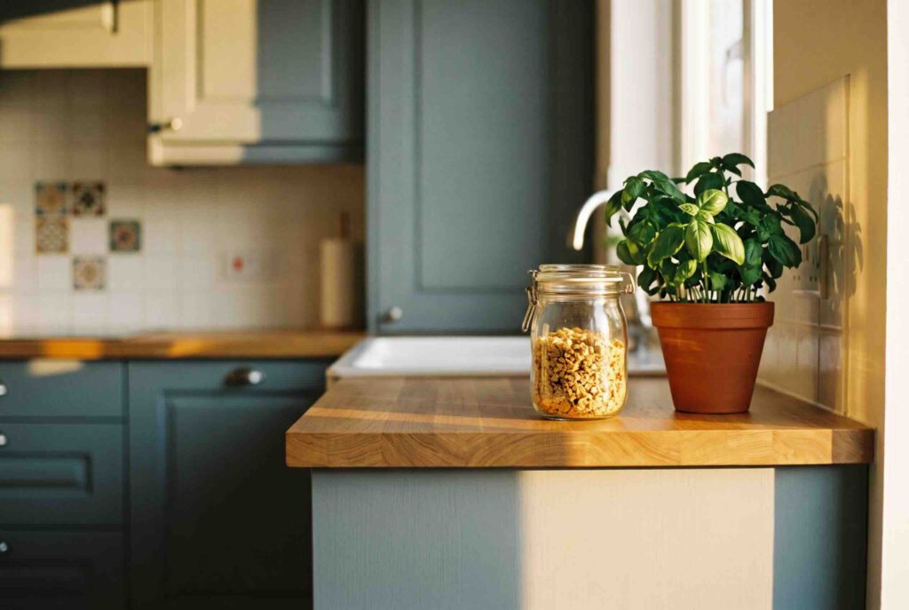 A glass jar filled with granola and a potted green basil plant sitting on a wooden kitchen countertop in bright sunlight.