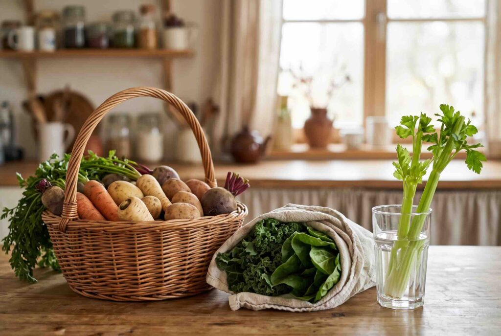 A wicker basket of root vegetables next to leafy greens in a linen cloth and celery in a glass of water on a wooden table.