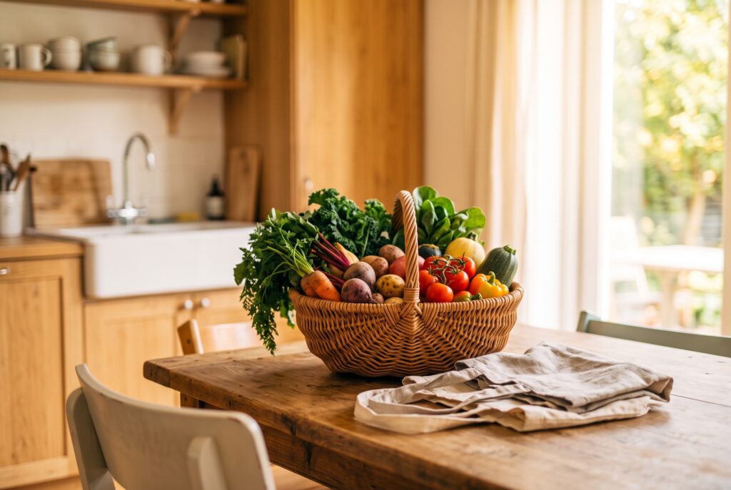A woven basket overflowing with fresh vegetables and folded linen tote bags resting on a wooden table in a sunny kitchen.