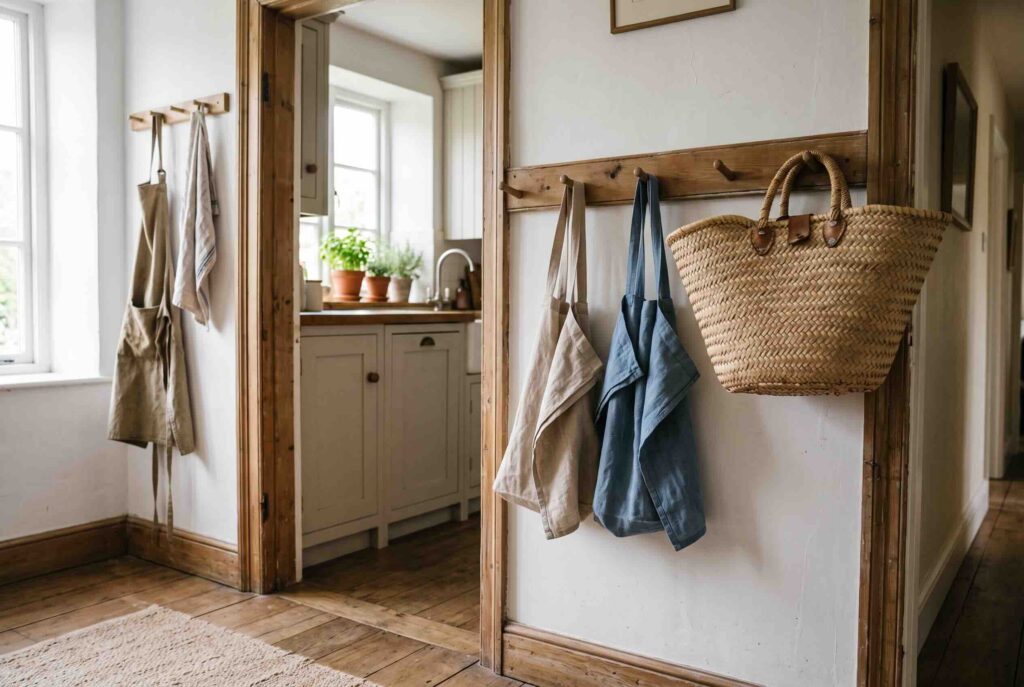 Reusable shopping bags, including linen totes and a woven straw basket, hanging on a wooden peg rack in a bright kitchen.