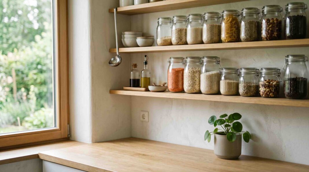 Glass pantry jars filled with dry goods like pasta, lentils, and grains lined up neatly on floating wooden kitchen shelves.