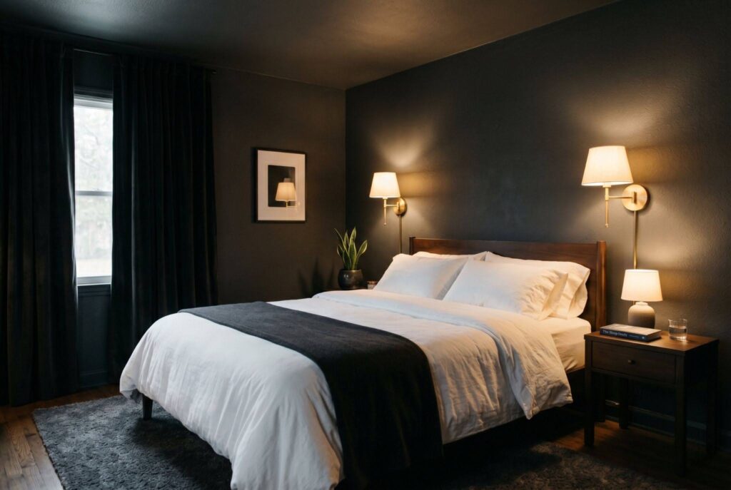 Moody dark bedroom ideas with black walls, white bedding, and warm bedside lighting. 