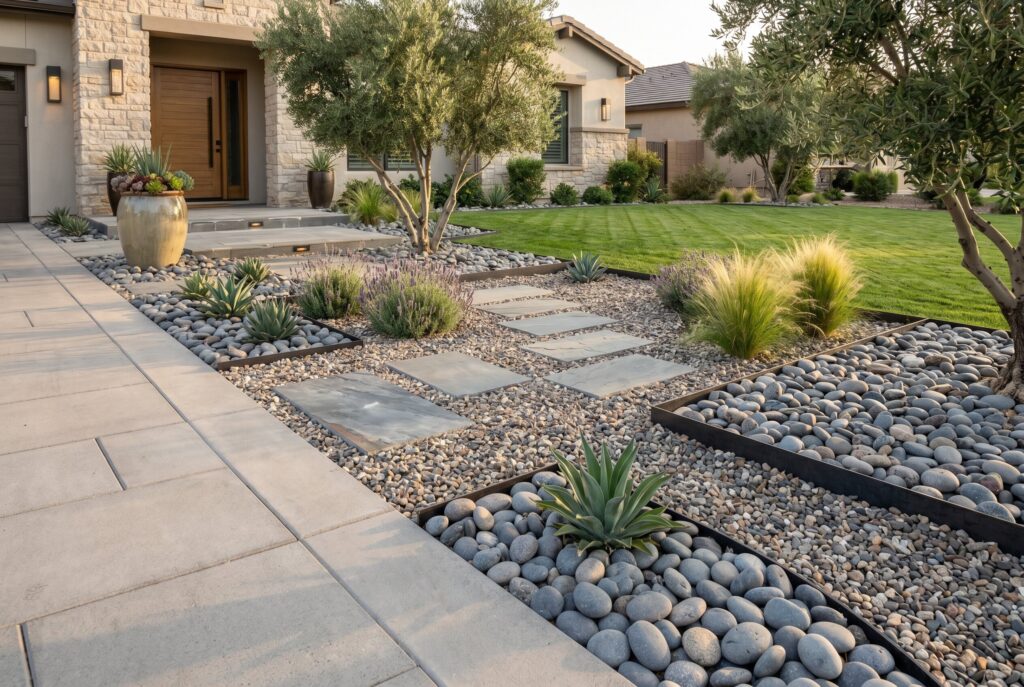 Stone landscaping replacing narrow grass strips with drought tolerant plants and gravel.