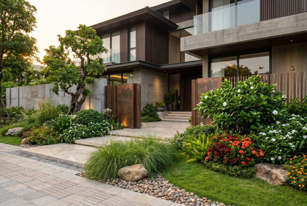 Native plant front yard landscaping with drought tolerant shrubs and modern curb appeal.