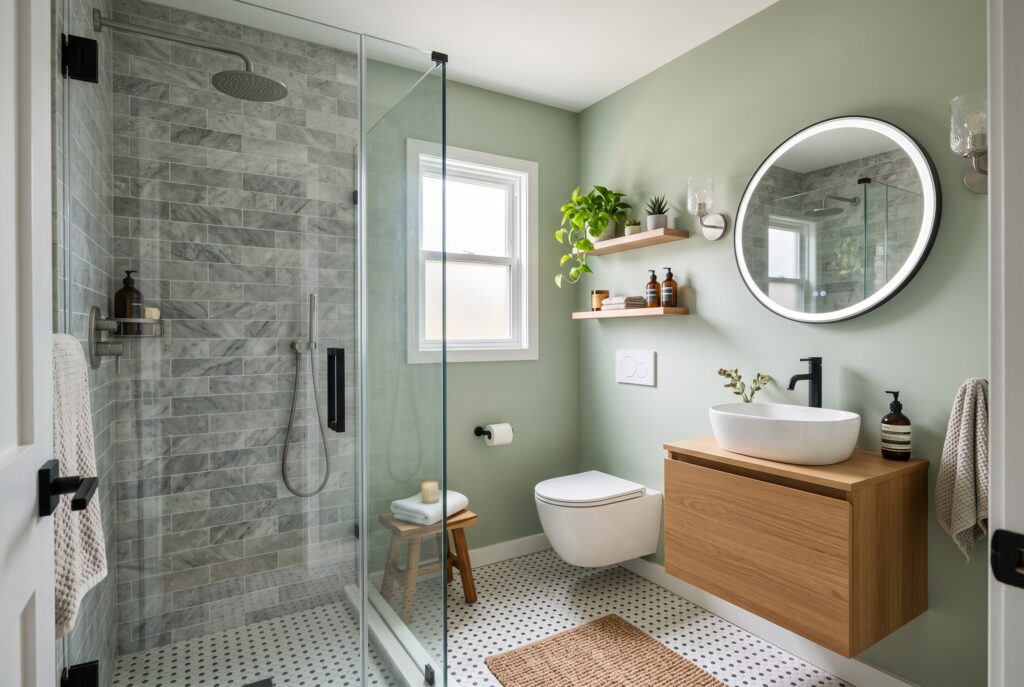 Modern bathroom remodel with frameless shower and floating vanity under warm lighting. 