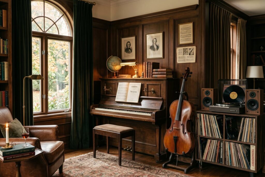 Musical corner with piano, cello, record collection, and dark wood paneling. 