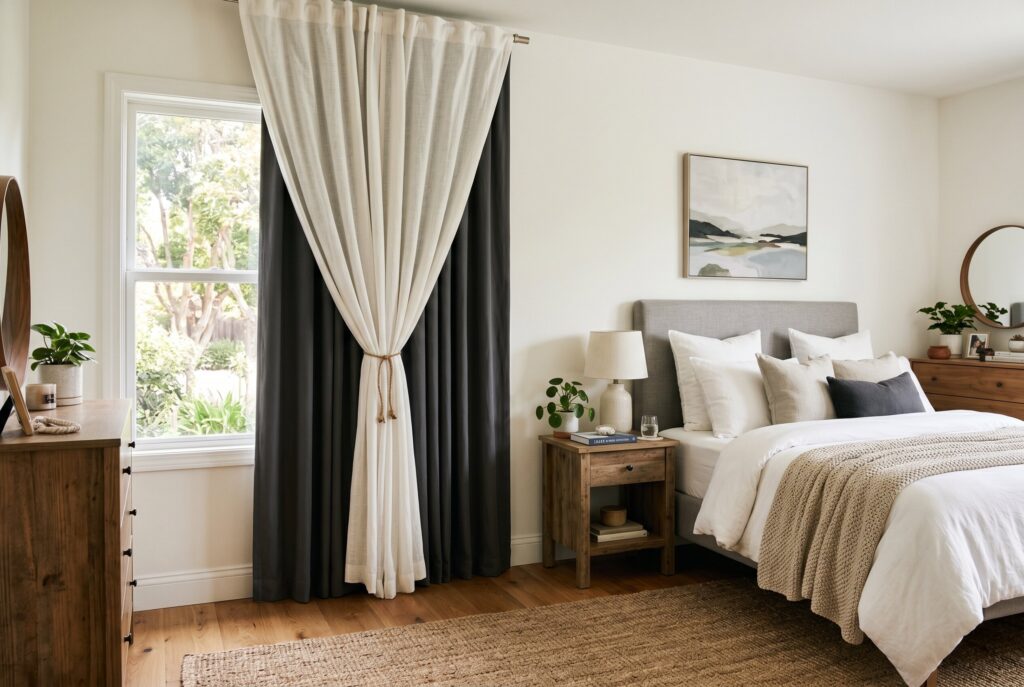 Tech free couple bedroom with hidden storage and calm warm neutral decor. 