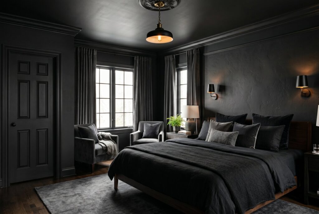 Color drenched black bedroom with dark ceiling, trim, and moody ambient lighting.