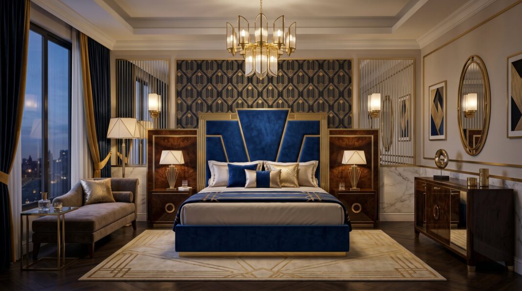 Luxurious Art Deco bedroom with velvet headboard, geometric wallpaper, and chandelier lighting.