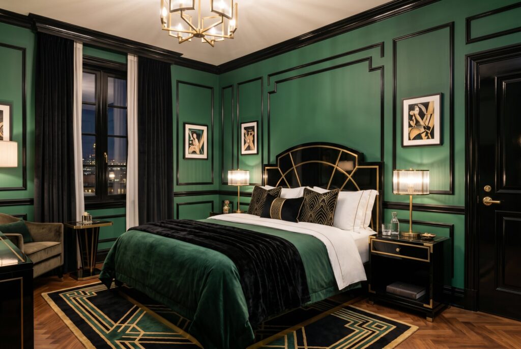 Emerald green Art Deco bedroom with black trim and geometric wall molding details. 