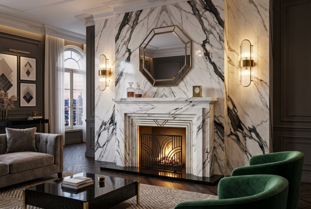 Marble Art Deco fireplace with geometric mirror, gold sconces, and dramatic veining.