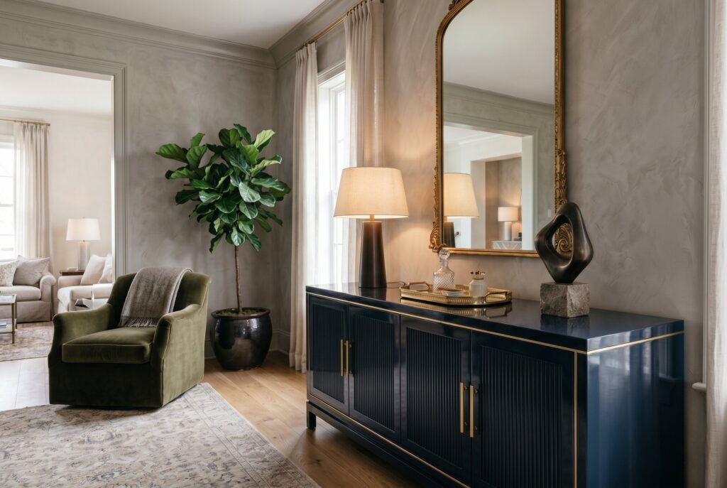 Lacquered sideboard with brass hardware in sophisticated Art Deco house interior design. 
