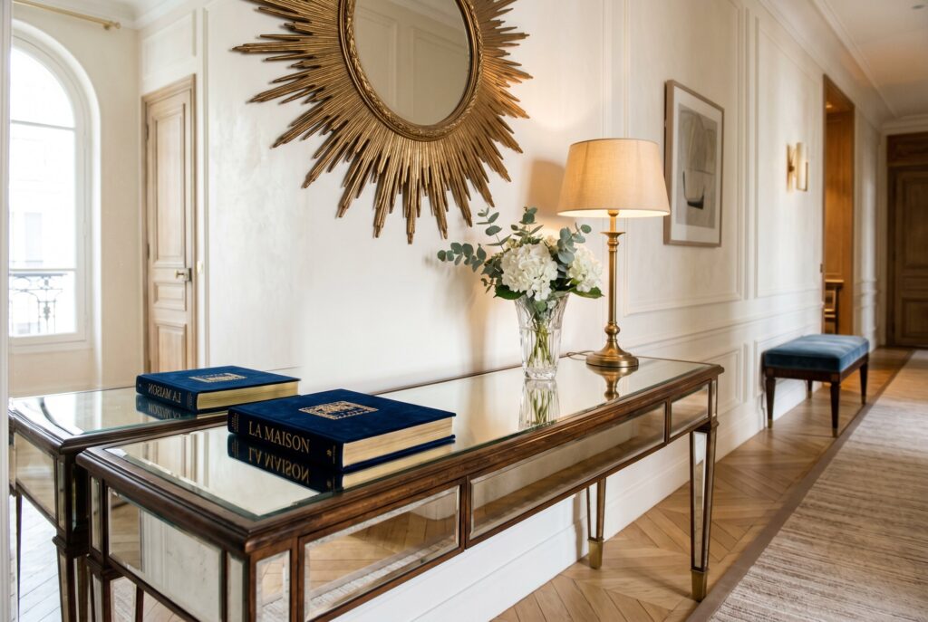 Mirrored console table with sunburst mirror in elegant Art Deco hallway decor. 