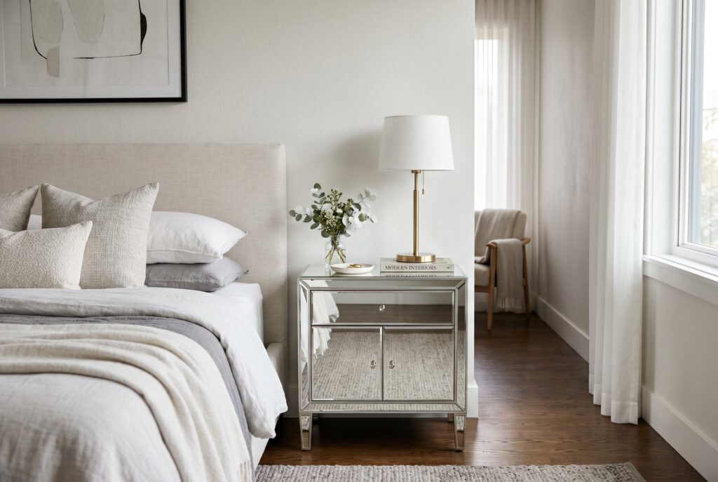 Minimal Art Deco bedroom with mirrored furniture, neutral bedding, and natural light.