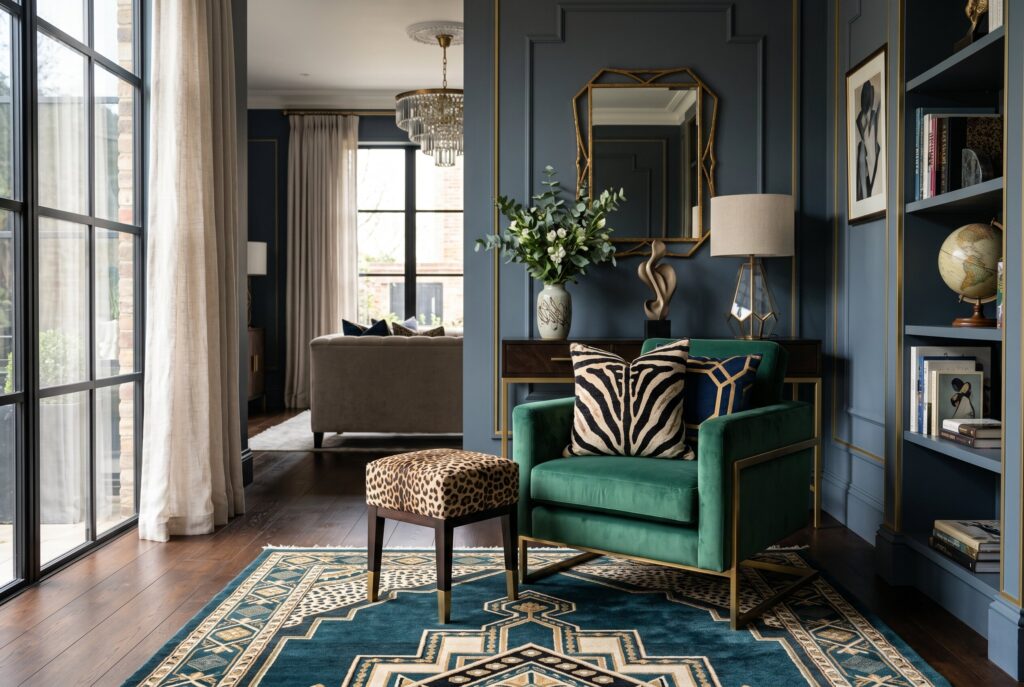 Elegant Art Deco interior with zebra print pillow, velvet seating, and dark dramatic walls.