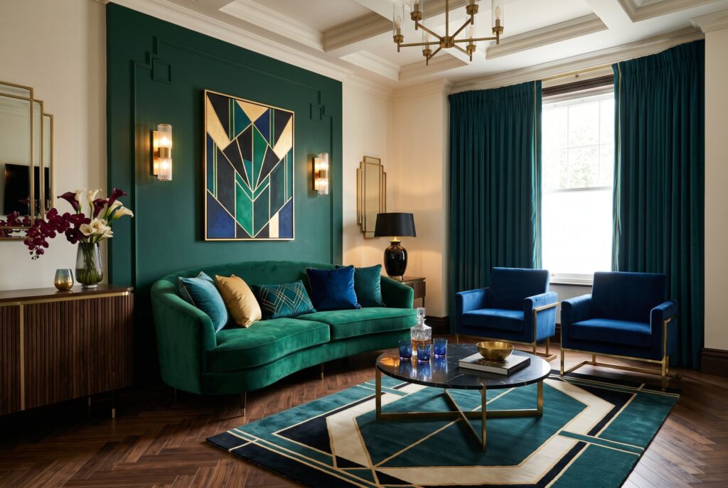 Emerald green Art Deco living room with velvet sofa, brass accents, and geometric wall art.