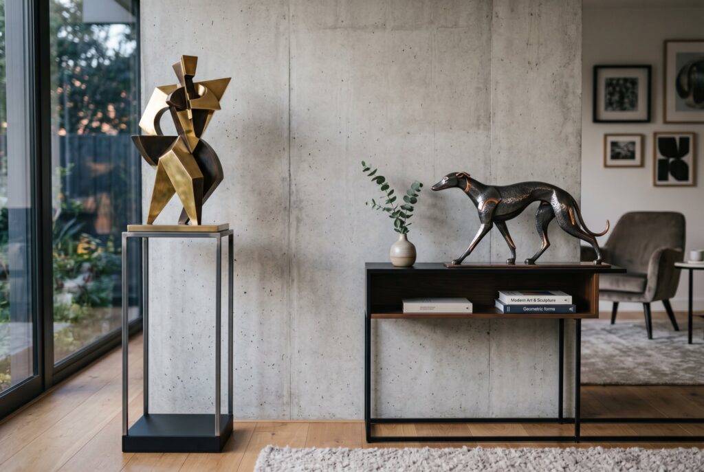 Modern Art Deco decor with metallic sculpture and sleek animal figurine on console table.
