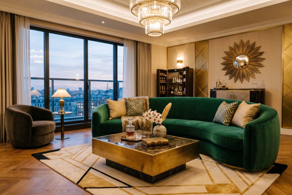 Curved emerald sofa in modern Art Deco living room with gold coffee table and city views. 