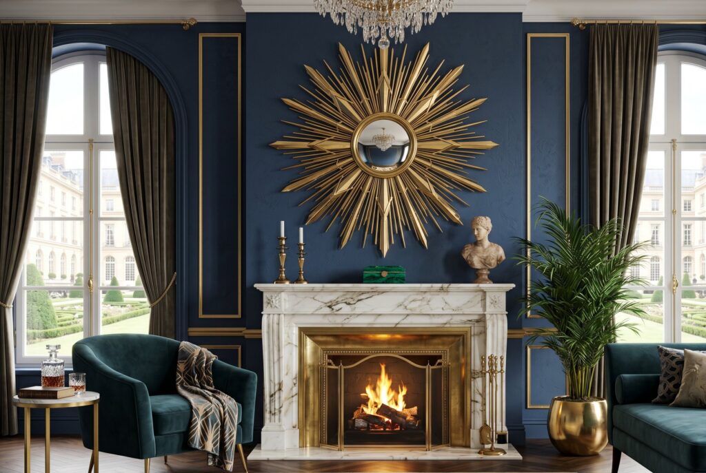 Oversized sunburst mirror above marble fireplace in elegant Art Deco living room. 