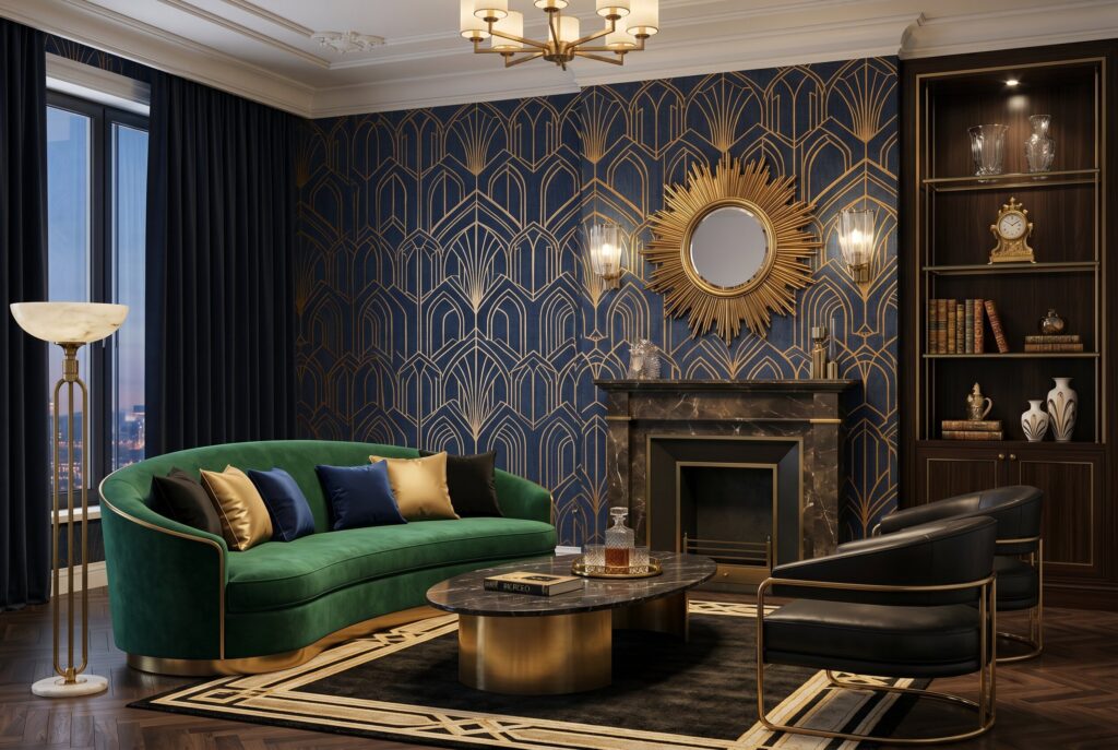 Art Deco wallpaper with geometric patterns, green velvet sofa, and gold fireplace accents. 