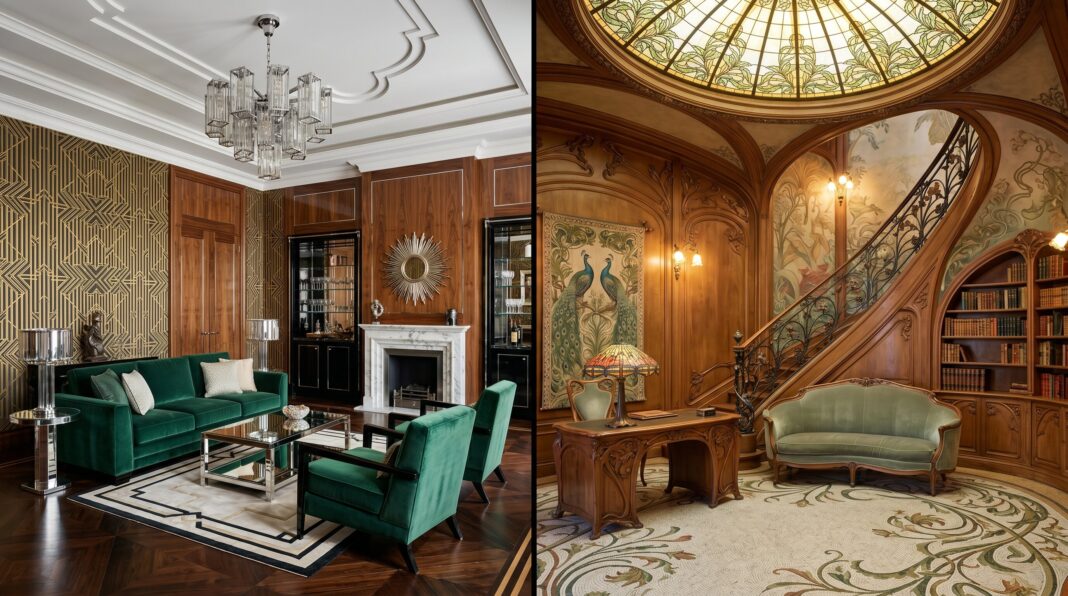 Art Deco vs Art Nouveau interior design comparison with geometric luxury lounge and botanical living room.