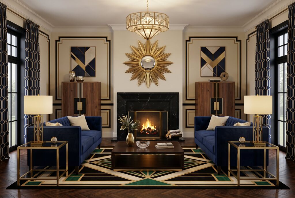 Elegant Art Deco living room with velvet sofas, geometric rug, and sunburst mirror fireplace.