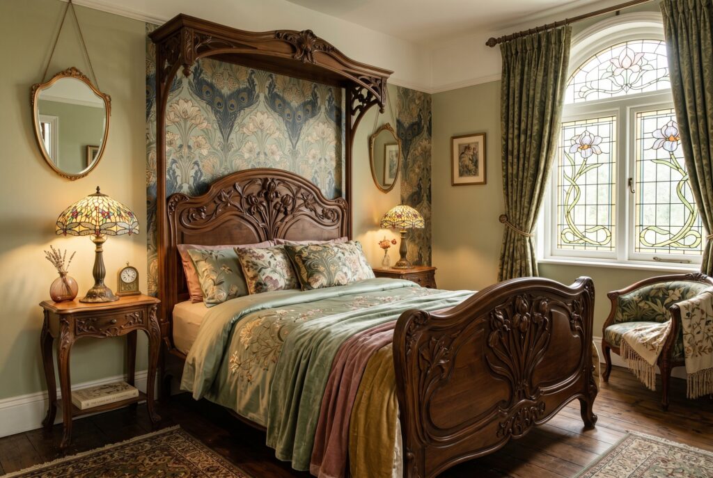 Art Nouveau bedroom with carved wood furniture, stained glass lamps, and botanical wallpaper.