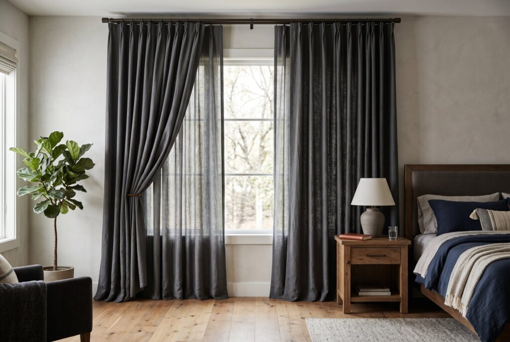Heavy blackout curtains in masculine bedroom with layered neutral bedding and wood furniture. 