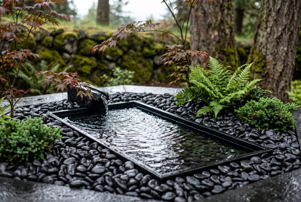 Modern farmhouse driveway edging with black landscape rock, lavender, and boxwood shrubs.