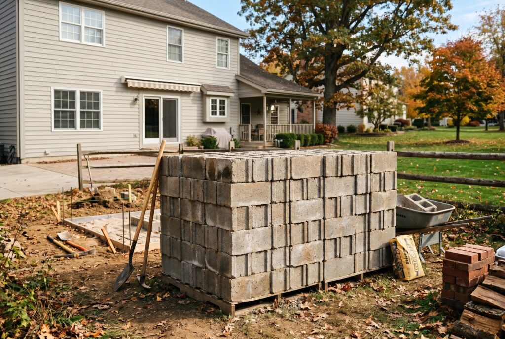 Cinder block diy fireplace construction in suburban backyard before stucco finishing. 