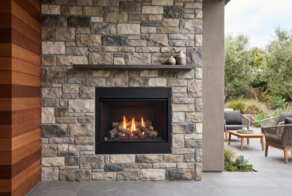 Faux stone veneer outdoor fireplace with mountain views and modern patio furniture.