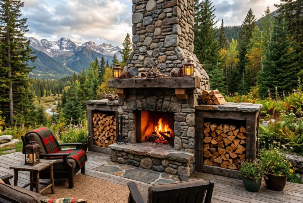 Rustic cabin style outdoor fireplace with built in log storage and mountain backyard view.