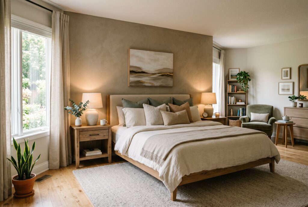 Plush neutral area rug under bed in cozy couple bedroom with layered lighting. 
