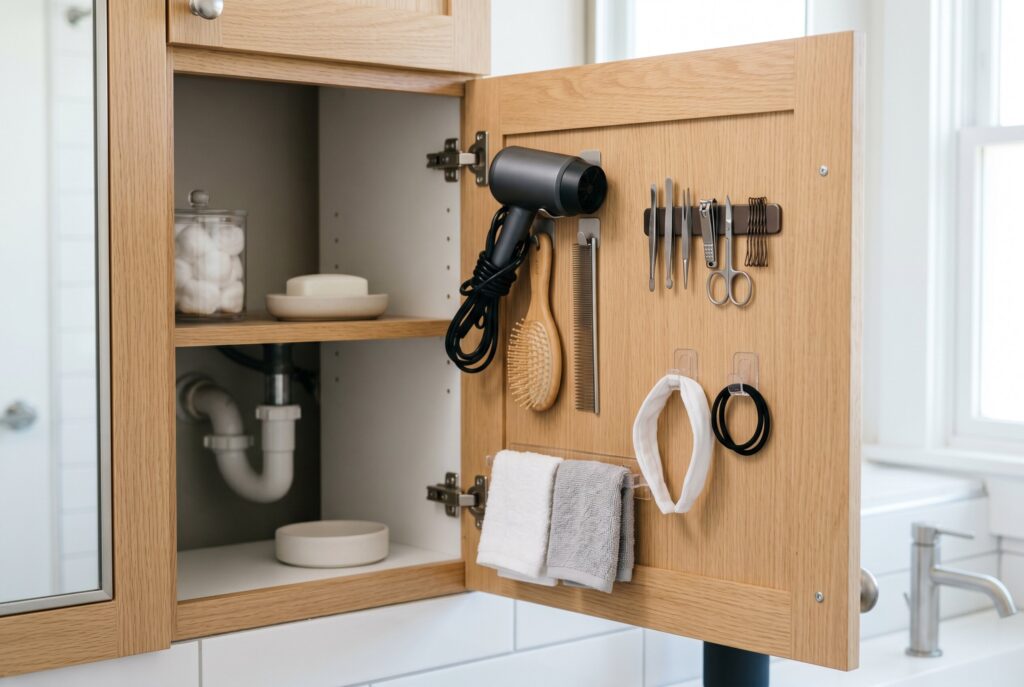 Small bathroom storage ideas using cabinet door organizers for hair tools and accessories. 