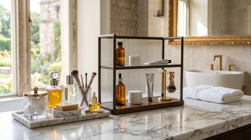 Bathroom counter organizer ideas with tiered acrylic perfume stand and luxury marble vanity.