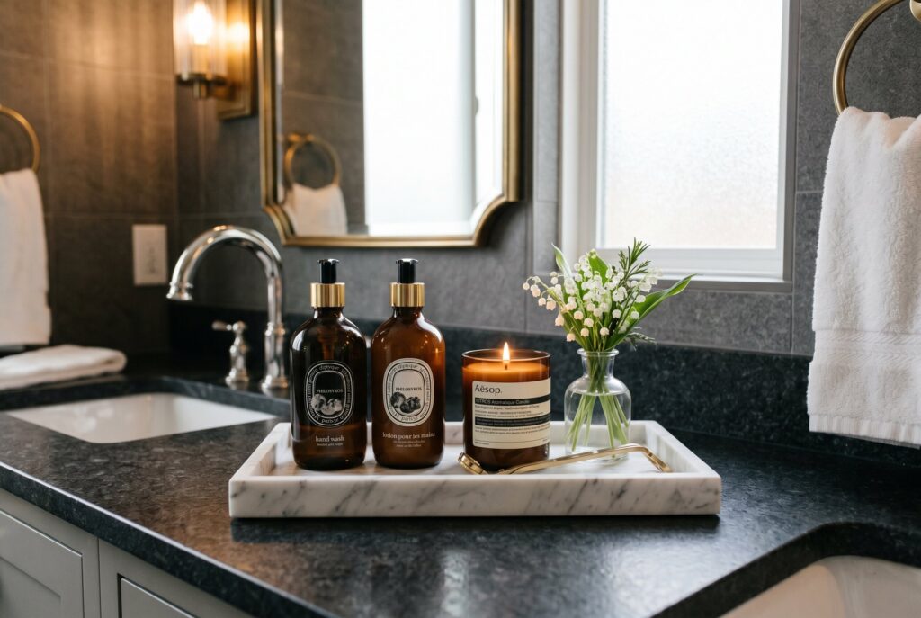 Rotating bathroom counter organizer carousel with skincare bottles and marble vanity decor.