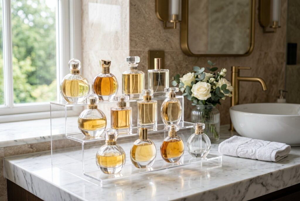 Tiered acrylic perfume organizer with luxury fragrance bottles and elegant bathroom counter styling.