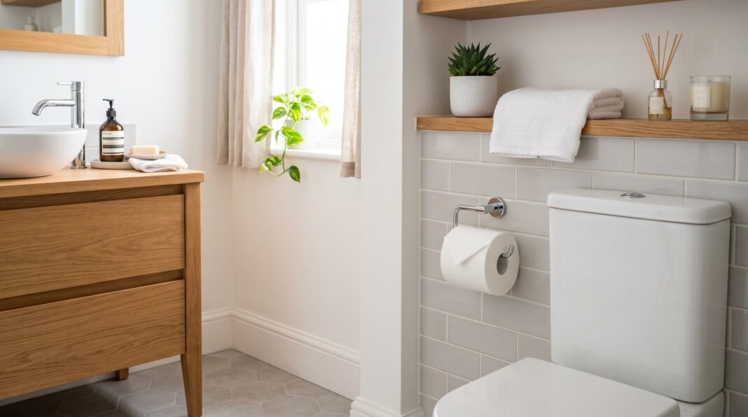 Toilet paper storage ideas with floating wood shelf and modern small bathroom organization.
