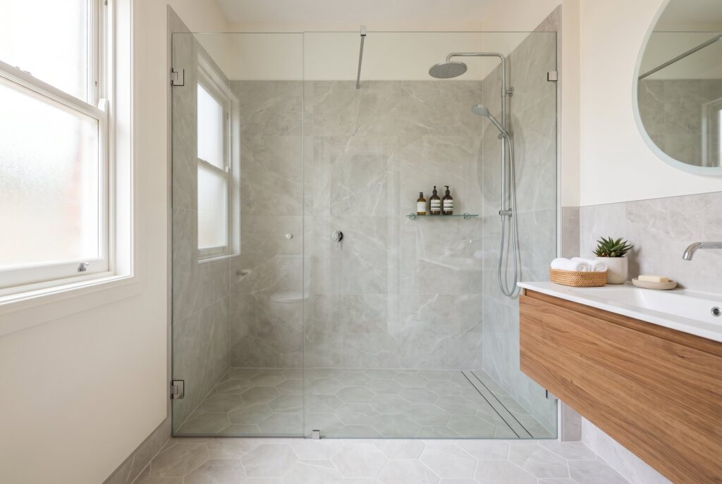 Frameless walk in shower ideas with continuous tile and floating wood vanity. 