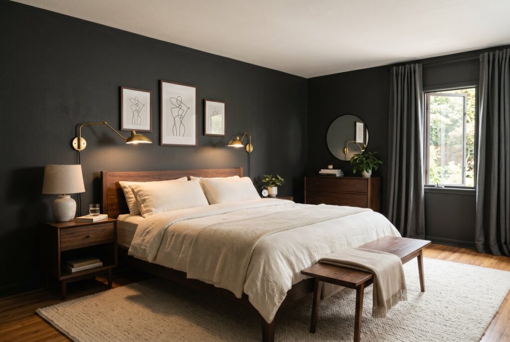 Soft charcoal bedroom paint with cream bedding, brass sconces, and wood furniture.