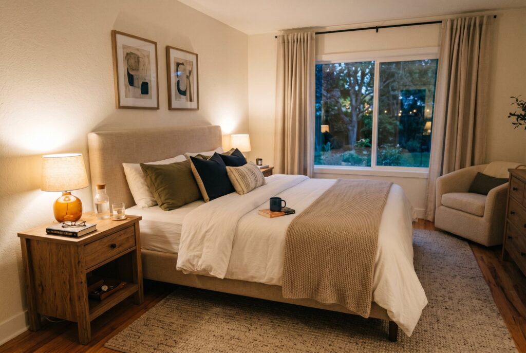 Symmetrical couple bedroom layout with matching nightstands and cozy layered bedding. 