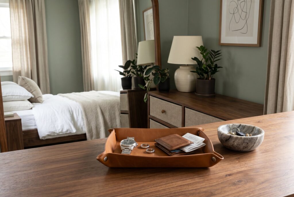 Couple bedroom wall art ideas with oversized landscape painting and balanced decor styling. 