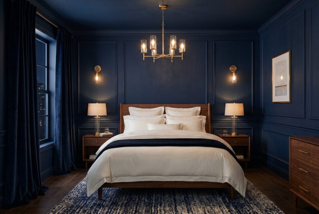 Midnight navy bedroom paint with brass lighting, white bedding, and dark curtains.