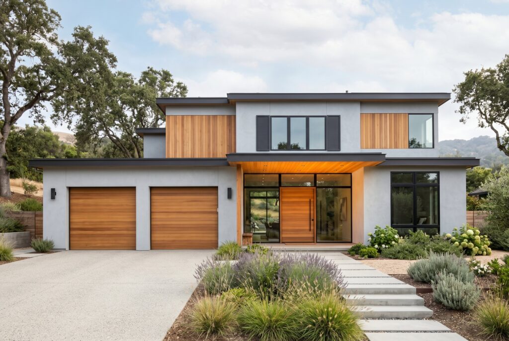 Cloud grey exterior house colors with natural wood accents and modern curb appeal.