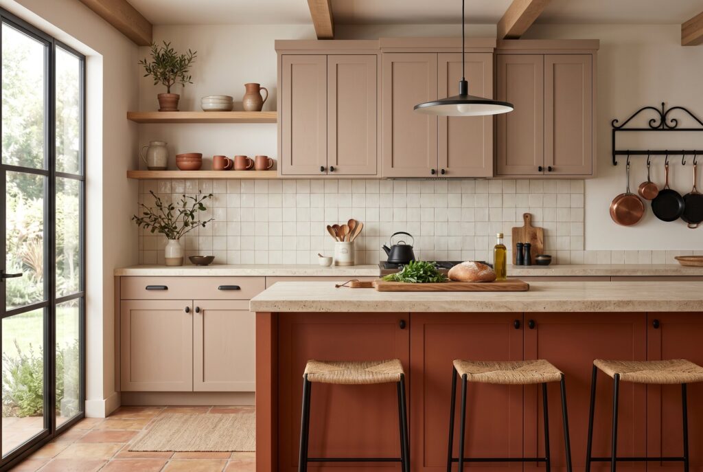 Rustic modern kitchen with taupe cabinetry, terracotta island, and open wood shelving.