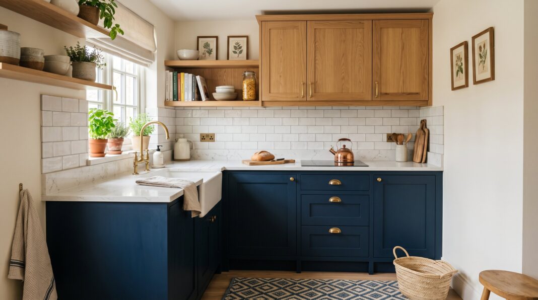 Cozy navy and wood kitchen with brass fixtures, open shelving, and farmhouse-inspired details.