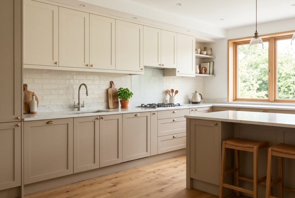 Mushroom beige lower cabinets with cream uppers in a calm neutral kitchen design.