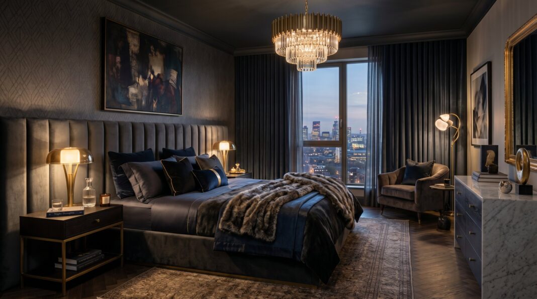Dark bedroom ideas with layered charcoal bedding and luxury moody bedroom lighting.