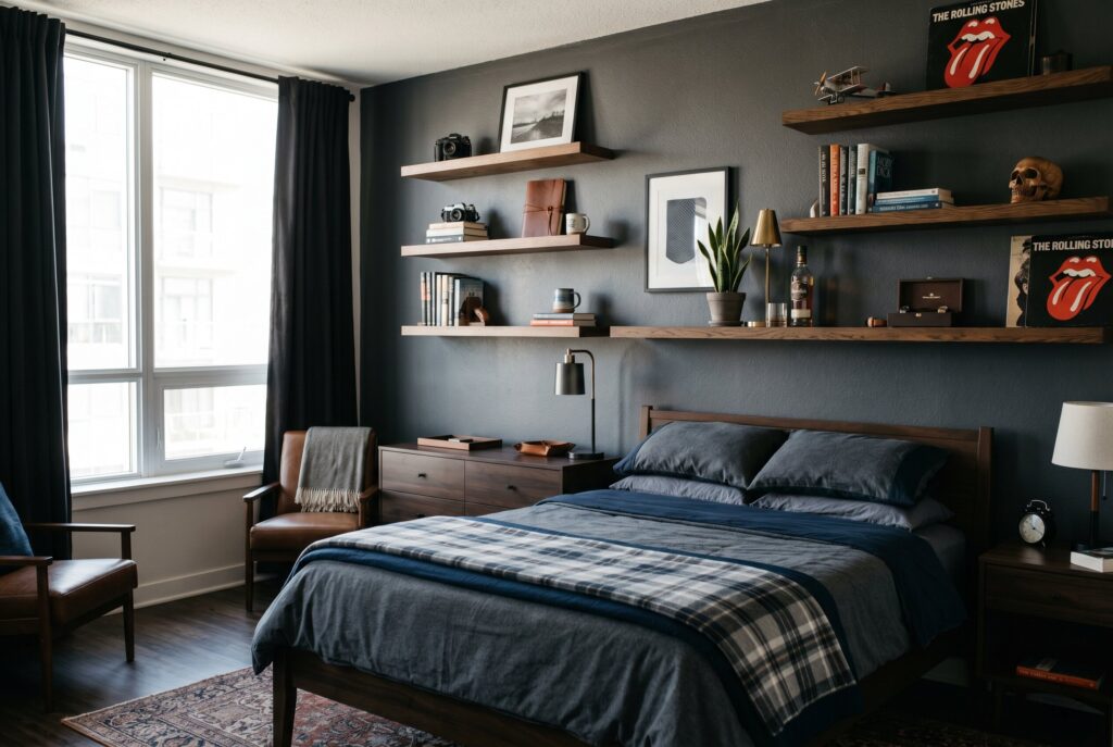 Open shelving masculine bedroom ideas with moody walls and industrial decor styling. 